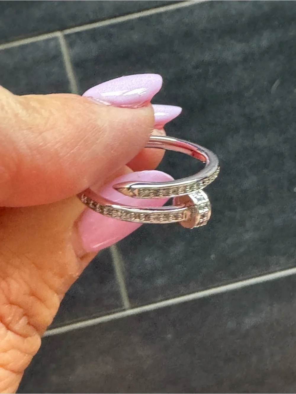 Brass Silver Tone Plate Cubic Zirconia Pave Nail Bypass Ring